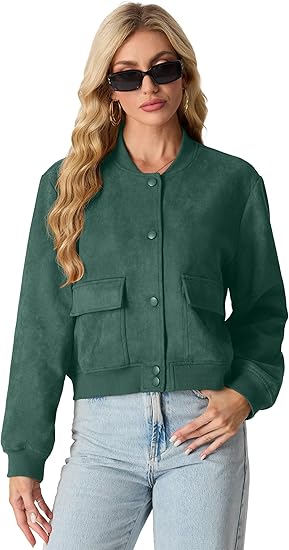 Womens Faux Suede Leather Bomber Jacket Cropped Button Down Long Sleeve Casual Varsity Baseball With Pockets