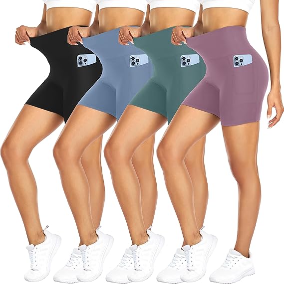 4 Pack Biker Shorts for Women with Pockets – 5" High Waisted Tummy Control Workout Yoga Running Gym Tennis Shorts