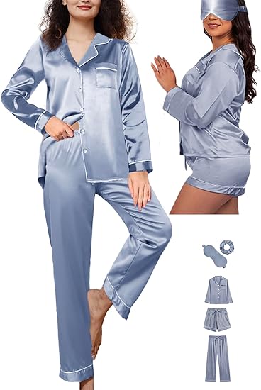 Marwa Clothing Women’s 5-Piece Silk Satin Pajama Set | Luxury Loungewear & Sleepwear (XS-XXL)
