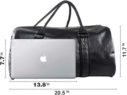 Marwa Clothing Premium Leather Travel Duffel Bag with Shoe Compartment – Waterproof Weekender & Carry-On Overnight Bag for Men & Women – Black