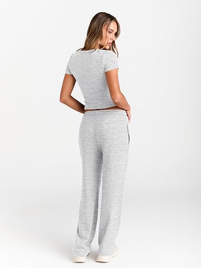 Trendy Queen Women’s 2-Piece Summer Sweatsuit – Wide Leg Pants & Side-Ruched Crop Top | Marwa Clothing