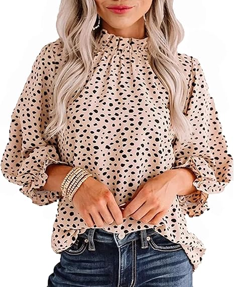 Avanova Women Polka Dot Long Sleeve Blouse – Mock Neck Ruffle Top | Marwa Clothing