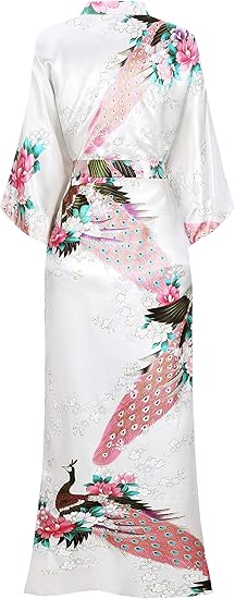 BABEYOND Women’s Long Satin Kimono Robe – Elegant Nightgown with Peacock & Blossom Print | Silky Loungewear