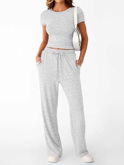 Trendy Queen Women’s 2-Piece Summer Sweatsuit – Wide Leg Pants & Side-Ruched Crop Top | Marwa Clothing