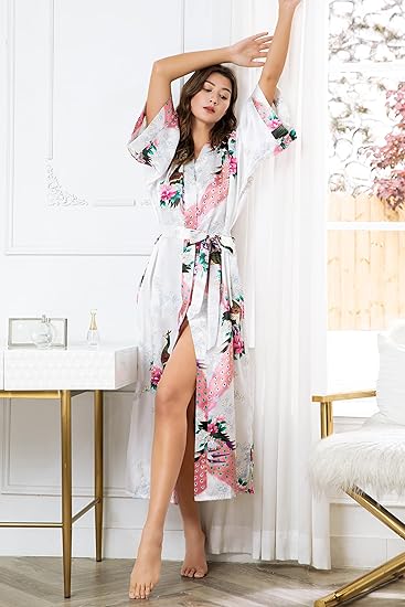 BABEYOND Women’s Long Satin Kimono Robe – Elegant Nightgown with Peacock & Blossom Print | Silky Loungewear