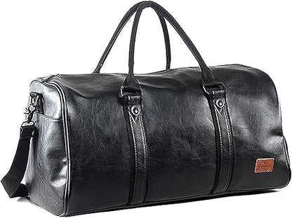 Marwa Clothing Premium Leather Travel Duffel Bag with Shoe Compartment – Waterproof Weekender & Carry-On Overnight Bag for Men & Women – Black
