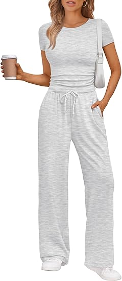 Trendy Queen Women’s 2-Piece Summer Sweatsuit – Wide Leg Pants & Side-Ruched Crop Top | Marwa Clothing