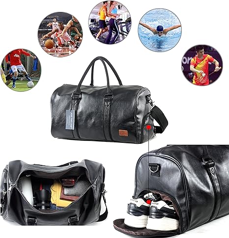Marwa Clothing Premium Leather Travel Duffel Bag with Shoe Compartment – Waterproof Weekender & Carry-On Overnight Bag for Men & Women – Black
