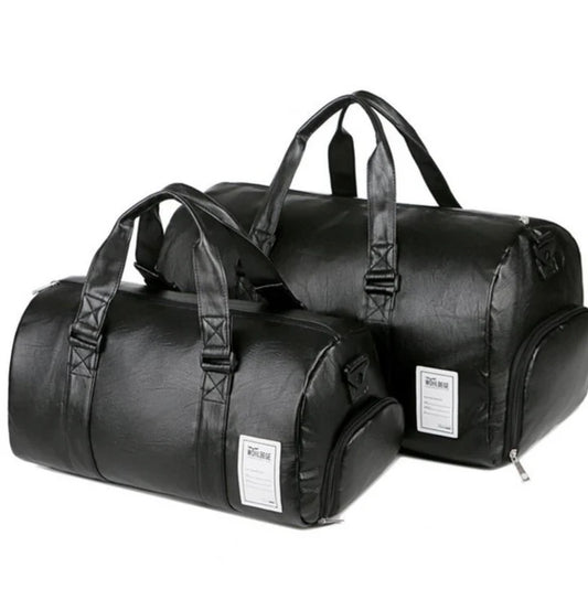 Marwa Clothing Premium Leather Travel Duffel Bag with Shoe Compartment – Waterproof Weekender & Carry-On Overnight Bag for Men & Women – Black