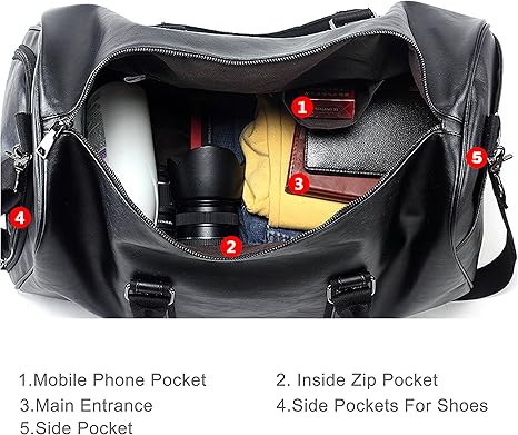 Marwa Clothing Premium Leather Travel Duffel Bag with Shoe Compartment – Waterproof Weekender & Carry-On Overnight Bag for Men & Women – Black